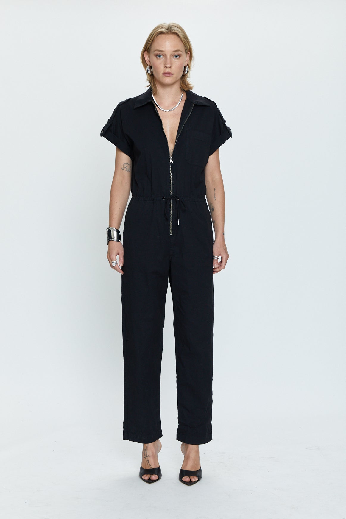 Jordan Short Sleeve Zip Front Jumpsuit - Fade to Black
            
              Sale
